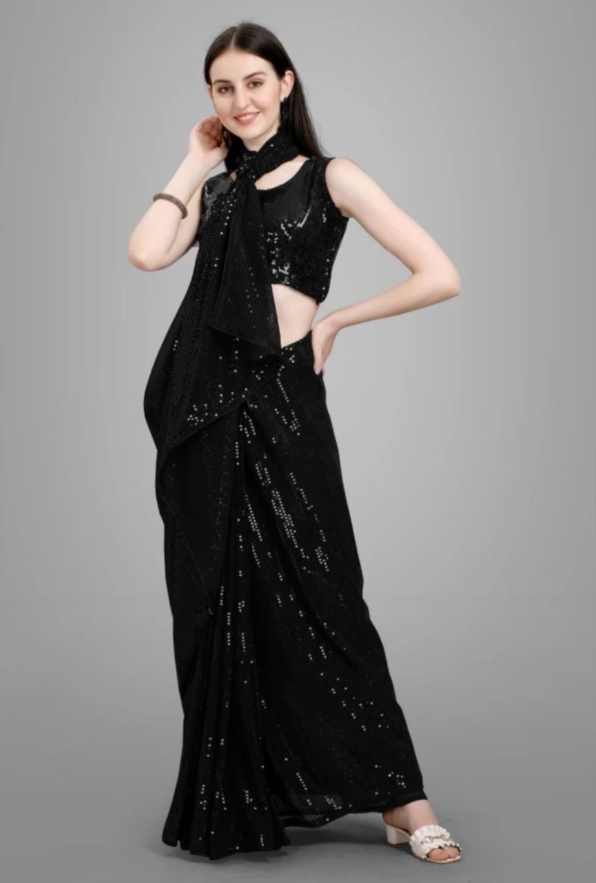 Women's Fashion bollywod designer sequance saree with Blouse Piece (Black)