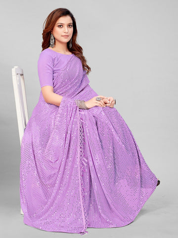 Fancy Sequined Embroidered Mauve Purple Coloured Georgette Saree with Blouse Piece