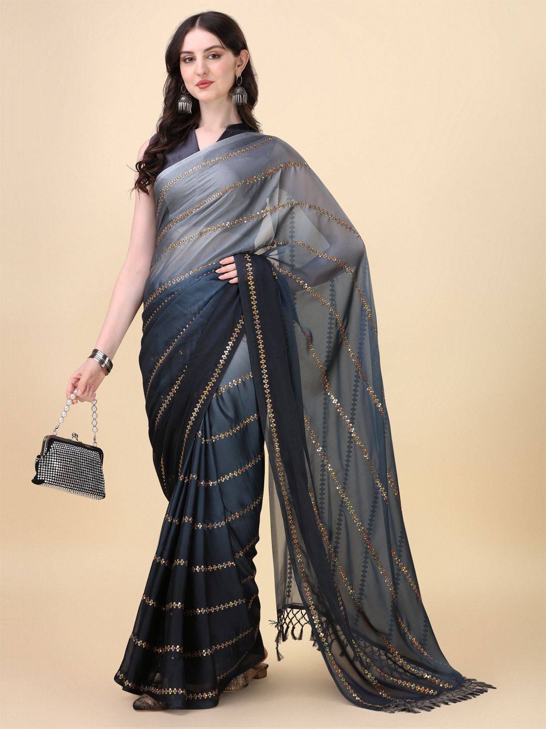 Fancy Sequined Embroidered Grey Coloured Silk Saree with Blouse Piece