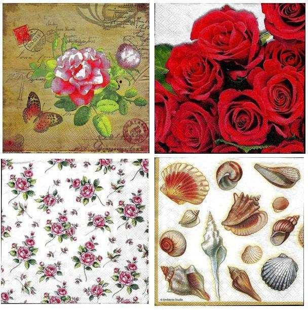 Decoupage Tissue - Pink rose, Red roses, Sweet roses and seashells - 4 Pcs