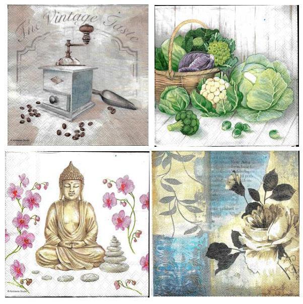 Decoupage Tissue - Vintage tissue vegetables Buddha in meditation White Roses - 4 Pcs