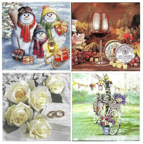 Decoupage Tissue - white roses, Snowman family, wine glass and bicycle - 4 Pcs