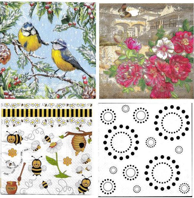 Decoupage Tissue/Napkin - Multi-design combo - Yellow bird, Honeybees and polka dot design - 4 Pcs