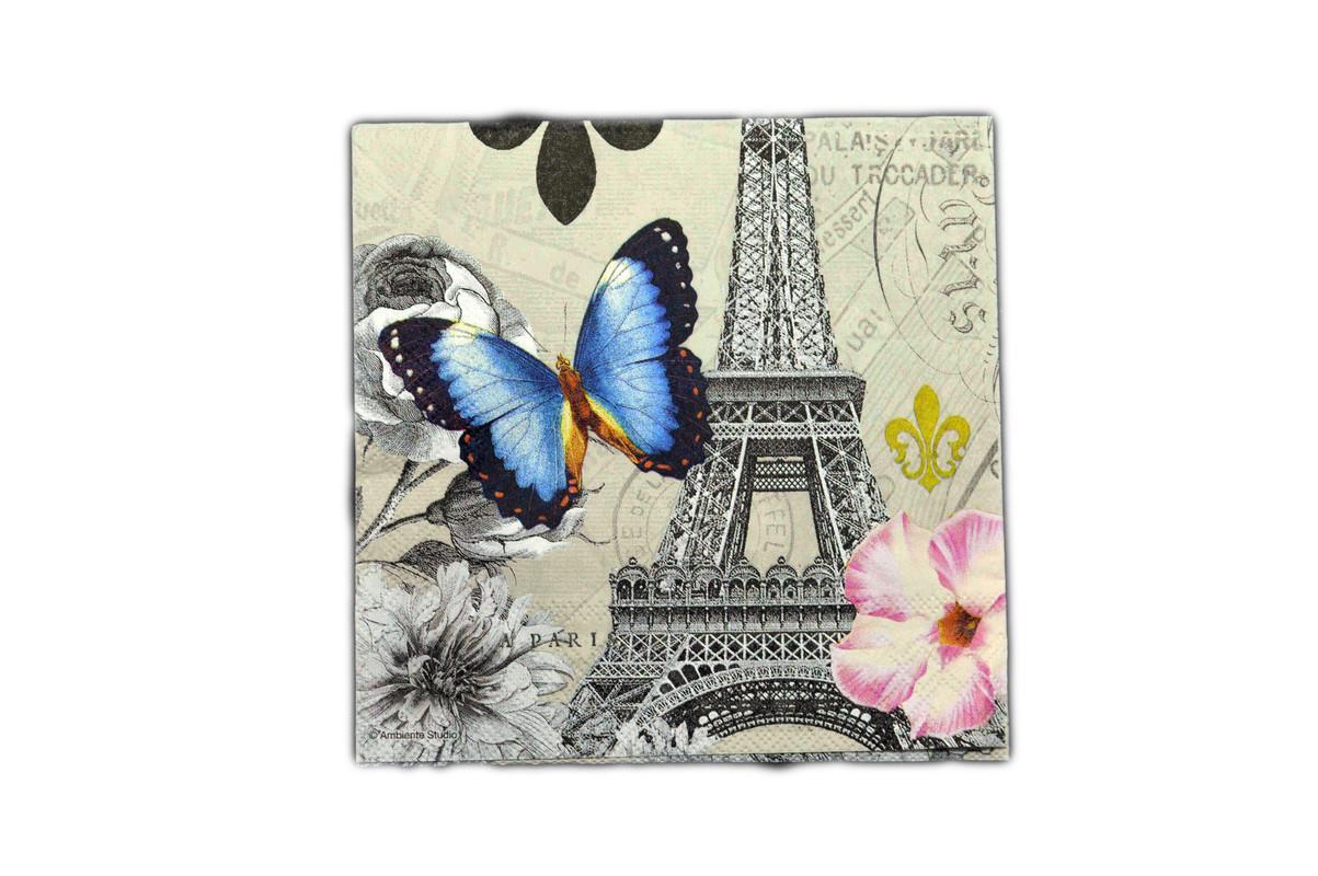 Decoupage Tissue Blue butterfly with Eiffel tower - 1 Pc