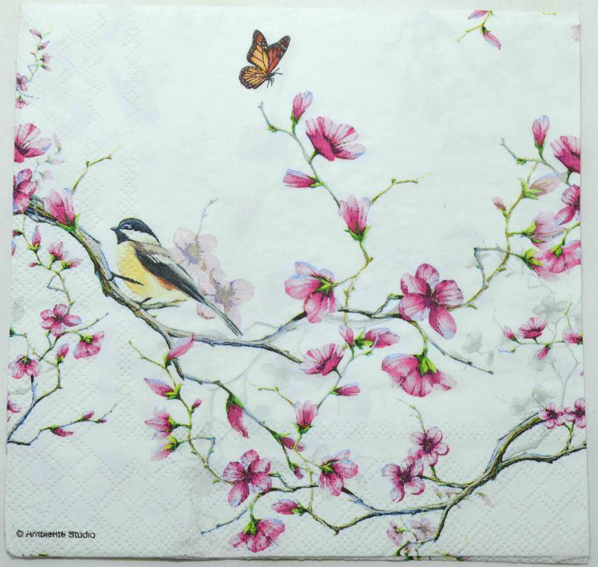 Decoupage Napkin/Tissue - Sweet Bird in pink Flowers - 1 Pc