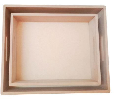 Raw MDF Wooden Tray - Pair of rectangle tray set with flat handle