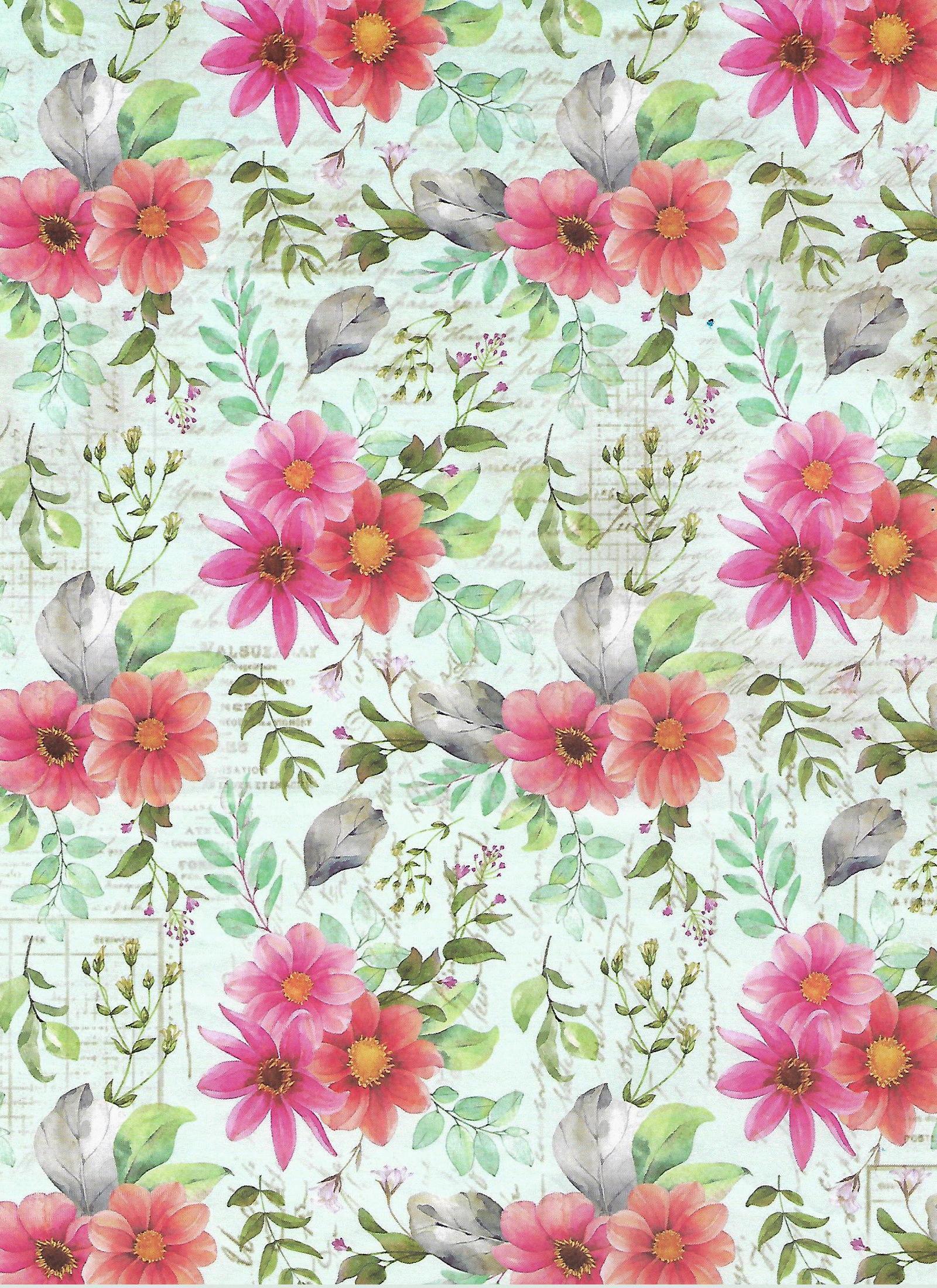 Decoupage Paper - Pink Flowers in green base - Size A4 - 2 sheets